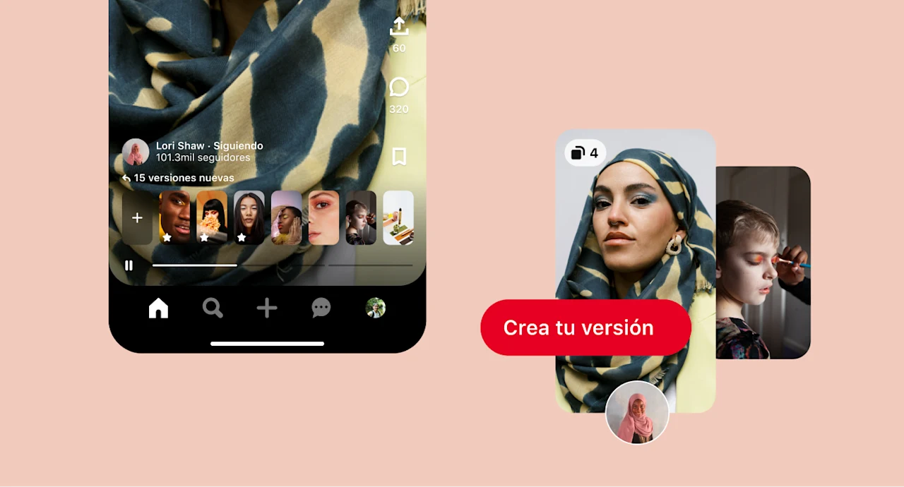 Closeup de una bufanda azul y marrón en el perfil de Pinterest de Lori Shaw, junto con un Pin de una mujer con la bufanda, una niña a la que se le está aplicado maquillaje naranja en los párpados con el texto superpuesto, Crea tu versión