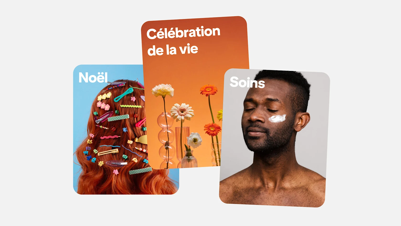 Trois images intitulées « Noël », « Célébration de la vie » et « Self-care » illustrent des scènes de divers moments forts du marketing.