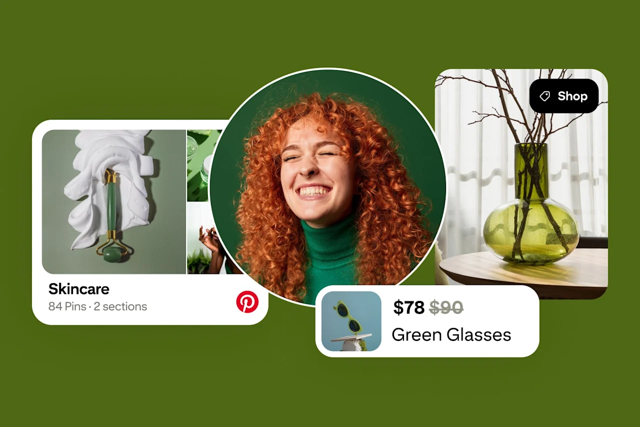 A Pinterest board of Skincare products, a product listing for green glasses on sale for $78, and a shoppable green vase surround a profile picture of a smiling woman with red hair.