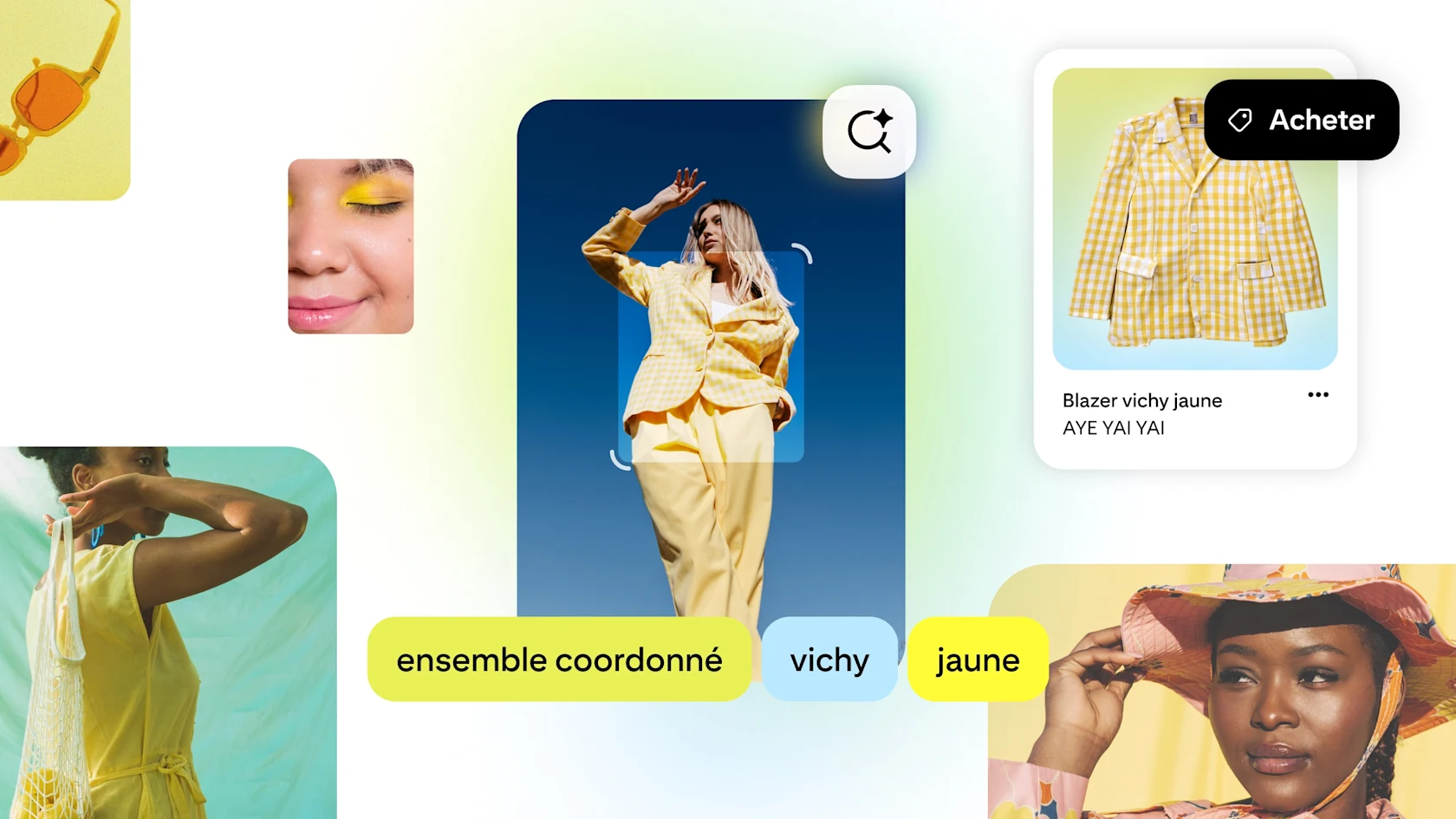 Interface de Pinterest illustrant la recherche visuelle alimentée par l’IA. Une femme dans un ensemble coordonné vichy jaune est scannée, avec les identifications “ensemble coordonné”, “vichy” et “jaune” et une fiche produit pour un blazer vichy jaune.