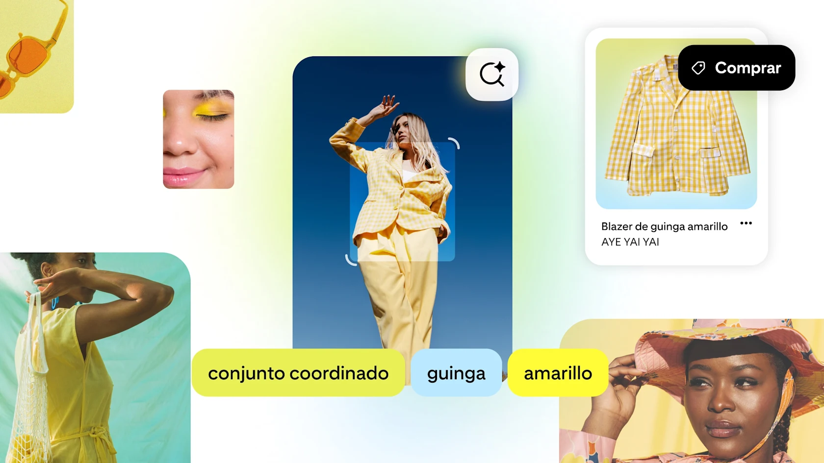 Interfaz de Pinterest que muestra la búsqueda visual impulsada por IA. Se escanea a una mujer con un conjunto de guinga amarillo, con las etiquetas “conjunto coordinado”, “guinga” y “amarillo”, y un resultado para comprar un blazer de guinga amarillo.