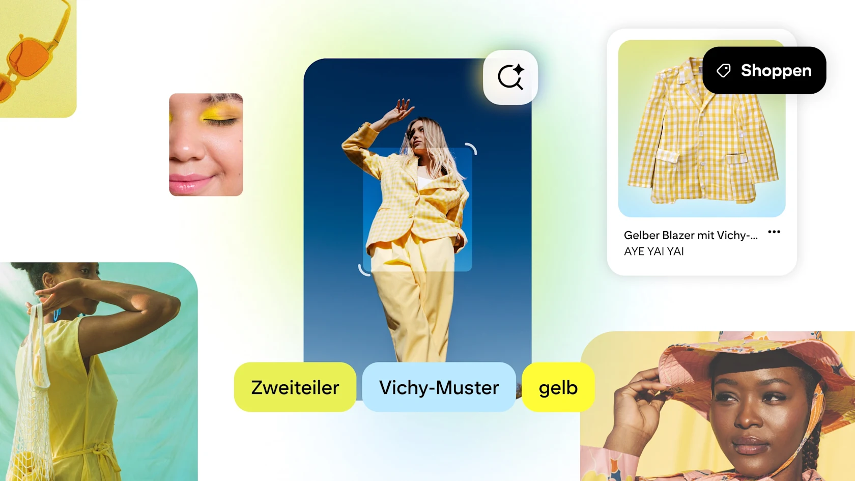 Pinterest-UI, die eine KI-gestützte visuelle Suche zeigt. Eine Frau in einem gelben Vichy-Co-Ord-Set wird gescannt; Dadurch entstehen die Such-Tags „Co-Ord-Set“, „Vichy-Muster“ und „Gelb“ sowie ein kaufbares Ergebnis für einen gelben Vichy-Blazer.