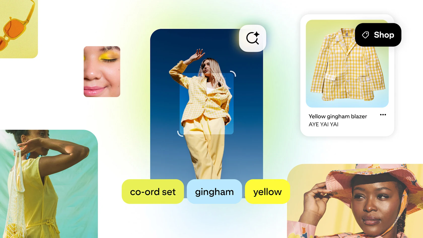 Pinterest UI representing AI-powered visual search. A woman in a yellow gingham co-ord set is scanned, surfacing search tags "co-ord set," "gingham," and "yellow," plus a shoppable result for a yellow gingham blazer.