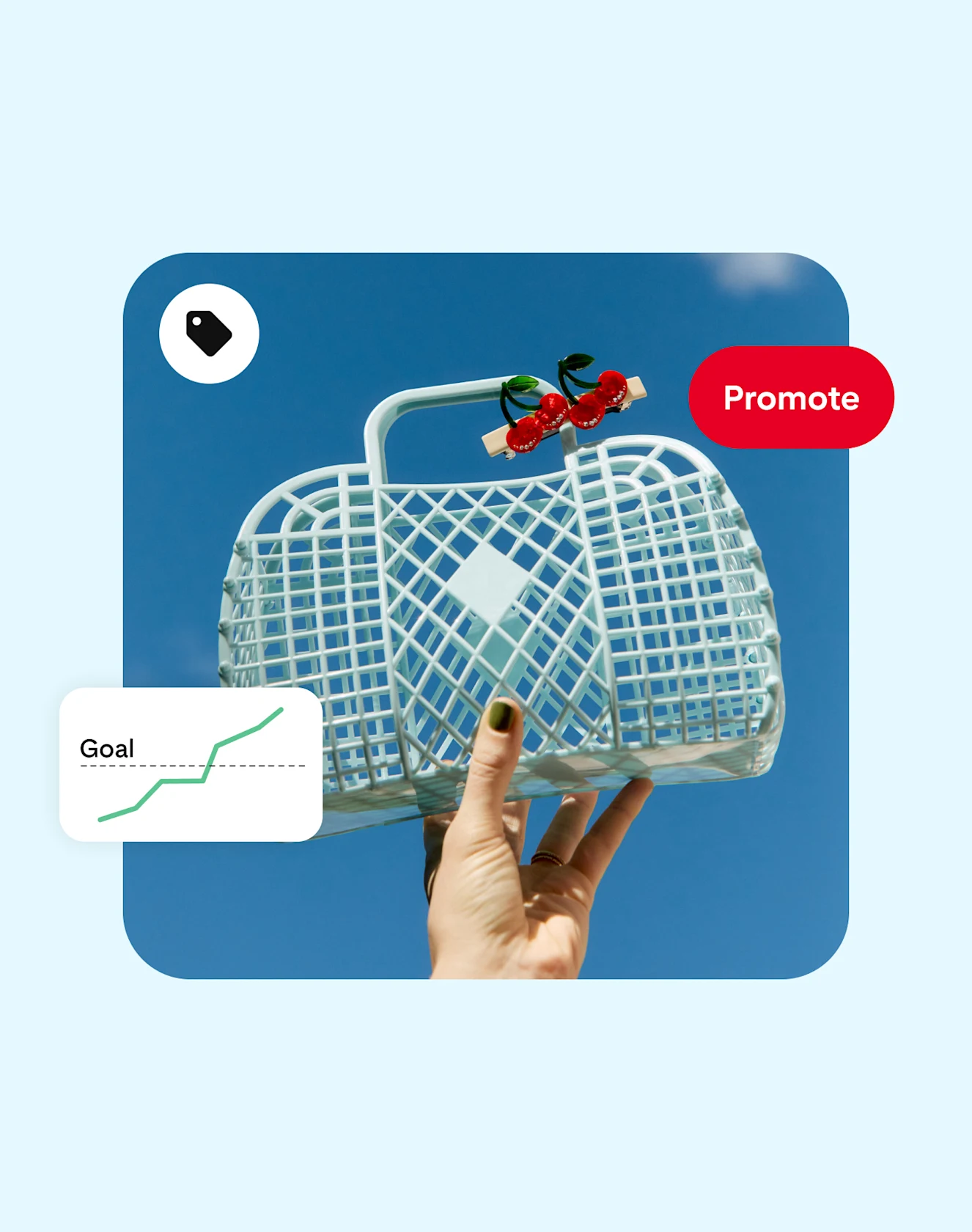 A hand holds a purse against a sky. It’s accompanied by a shopping tag icon, a promote button, and a line graph labeled, “Goals”.