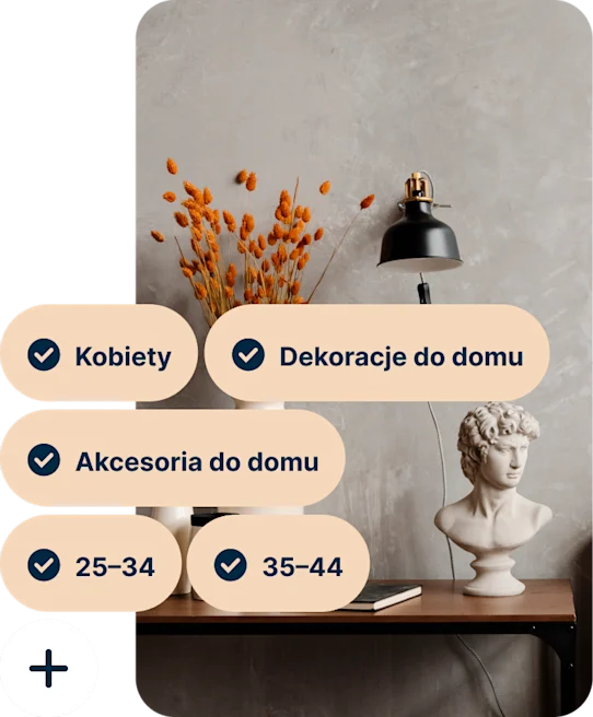 A Pin showing a desk with a vase of orange flowers, a black lamp and a bust of Michelangelo’s David with the search terms Women, Home decor, Home accessories, 25 to 34 and 35 to 44