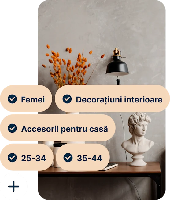 A Pin showing a desk with a vase of orange flowers, a black lamp and a bust of Michelangelo’s David with the search terms Women, Home decor, Home accessories, 25 to 34 and 35 to 44