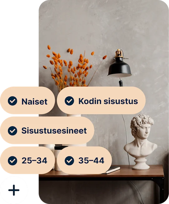 A Pin showing a desk with a vase of orange flowers, a black lamp and a bust of Michelangelo’s David with the search terms Women, Home decor, Home accessories, 25 to 34 and 35 to 44