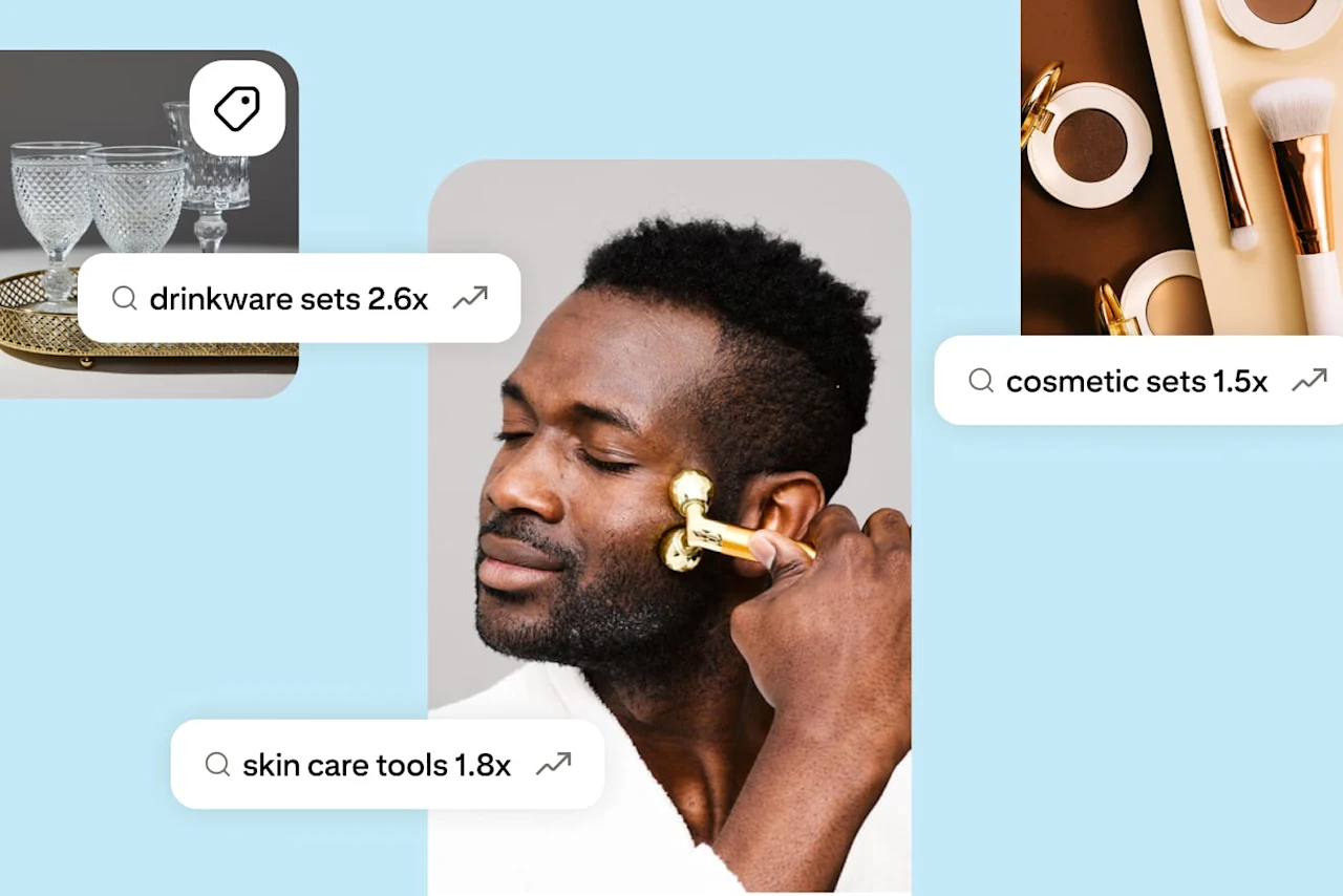 Images and text showing searches are increasing for drinkware sets, skin care tools and cosmetic sets.