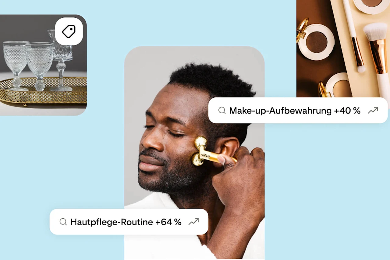 Bilder und Texte, die zeigen, dass die Suchanfragen nach Neujahrs-Outfits, Hautpflege und Make-up-Aufbewahrung zunehmen.
