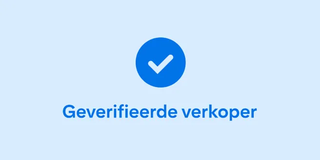 Een donkerblauw vinkje en de woorden 'Geverifieerde verkoper' op een lichtblauwe achtergrond.