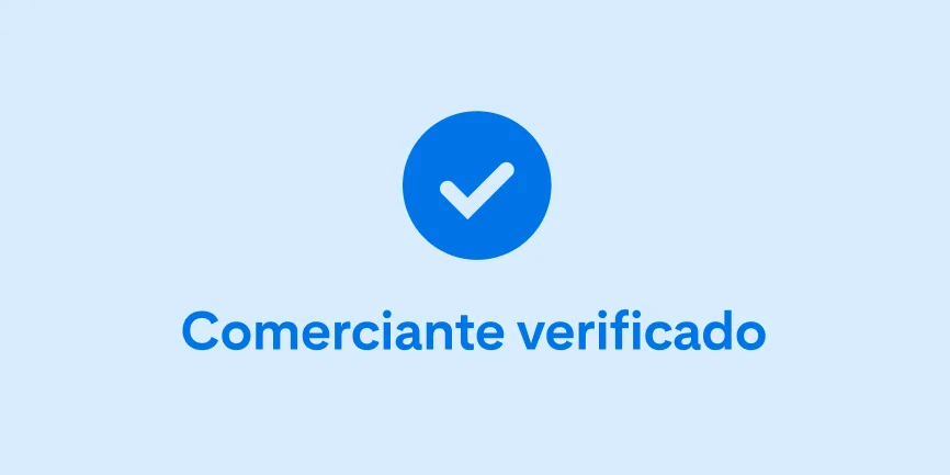 Una marca de verificación de color azul oscuro y las palabras “Comerciante verificado” en el centro sobre un fondo celeste. 
