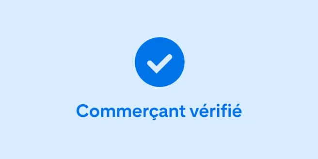 Une coche bleu foncé et les mots « Commerçant vérifié » au centre d’un fond bleu clair.