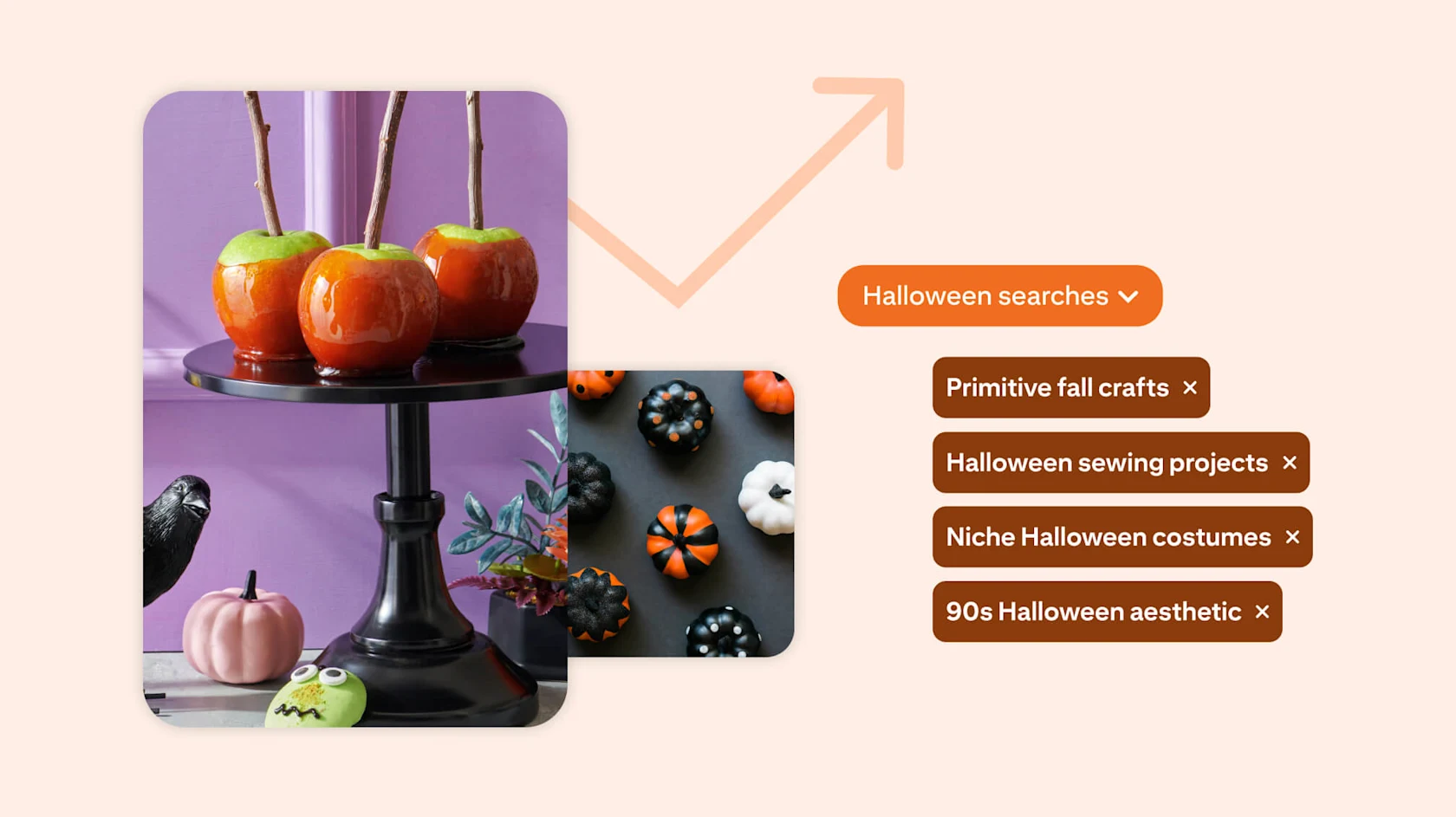 Tray of red candied apples with mini Halloween desserts, surrounded by trending Pinterest search tags such as “Primitive fall crafts” and “90s Halloween aesthetic.”