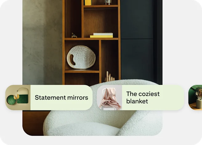 A Showcase ad of a well-decorated room also shows suggested items like mirrors and blankets.
