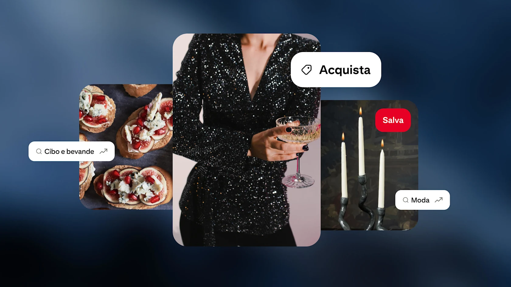 Immagini di una donna con un vestito nero scintillante, tre candele e antipasti, insieme ai pulsanti Acquista e Salva ed esempi di categorie di ricerca.