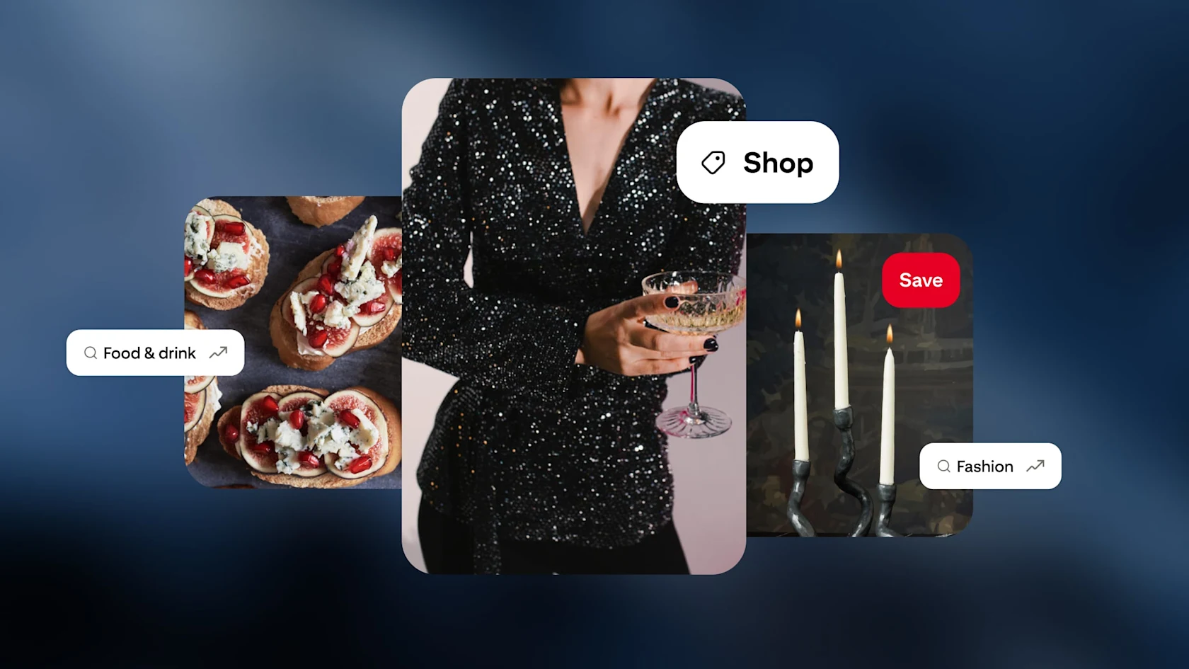 Images of a woman in a black sparkly outfit, three candles, and hors d'oeuvres, along with shop and save buttons and example search categories.