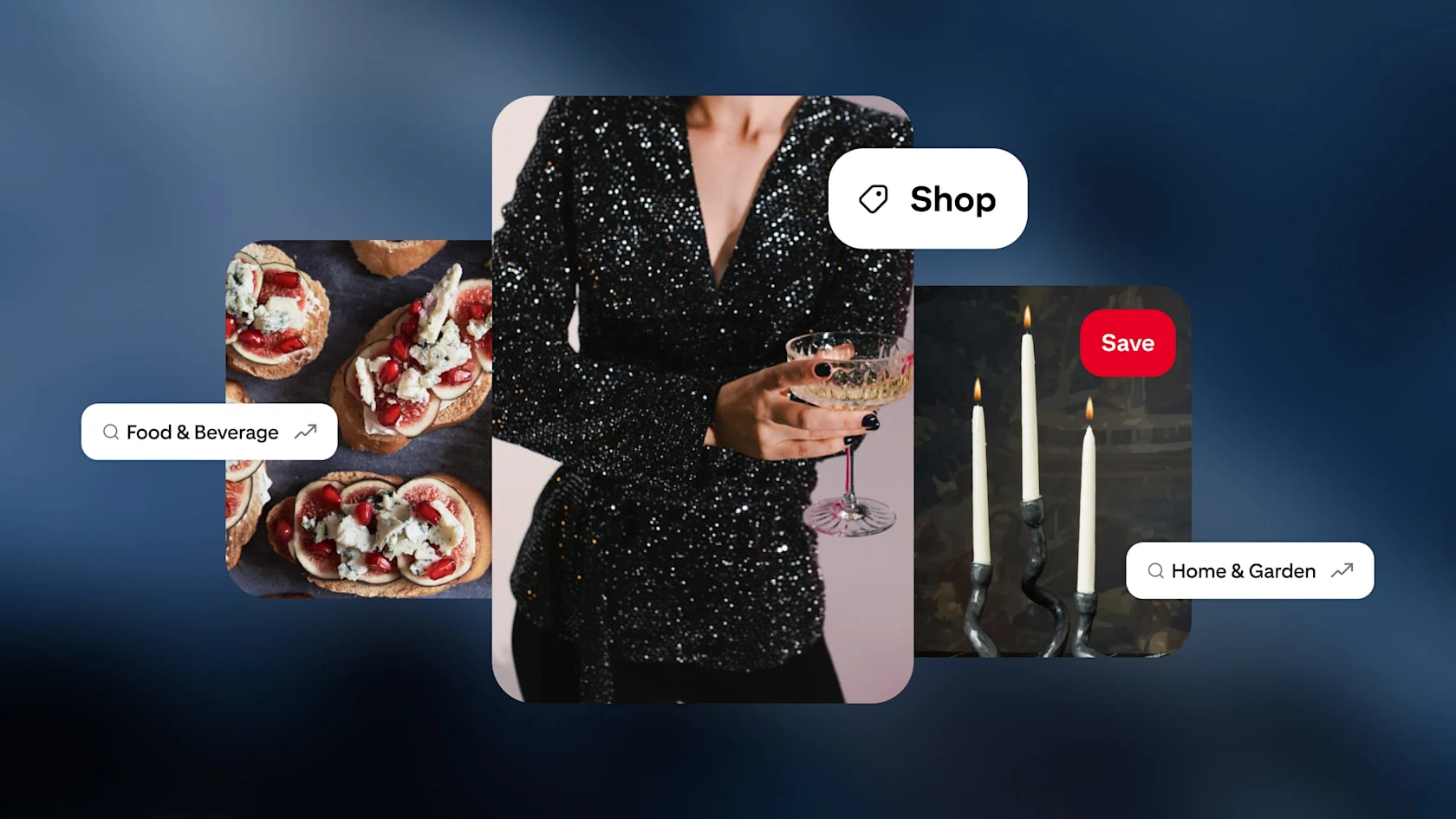 Images of a woman in a black sparkly outfit, three candles, and hors d'oeuvres, along with shop and save buttons and example search categories.