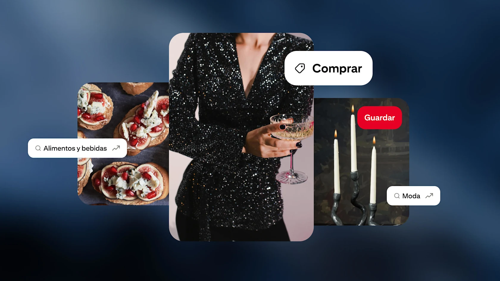 Unas imágenes de una mujer con un traje negro brillante, tres velas y aperitivos, junto con botones “Comprar” y “Guardar”, y ejemplos de categorías de búsqueda.