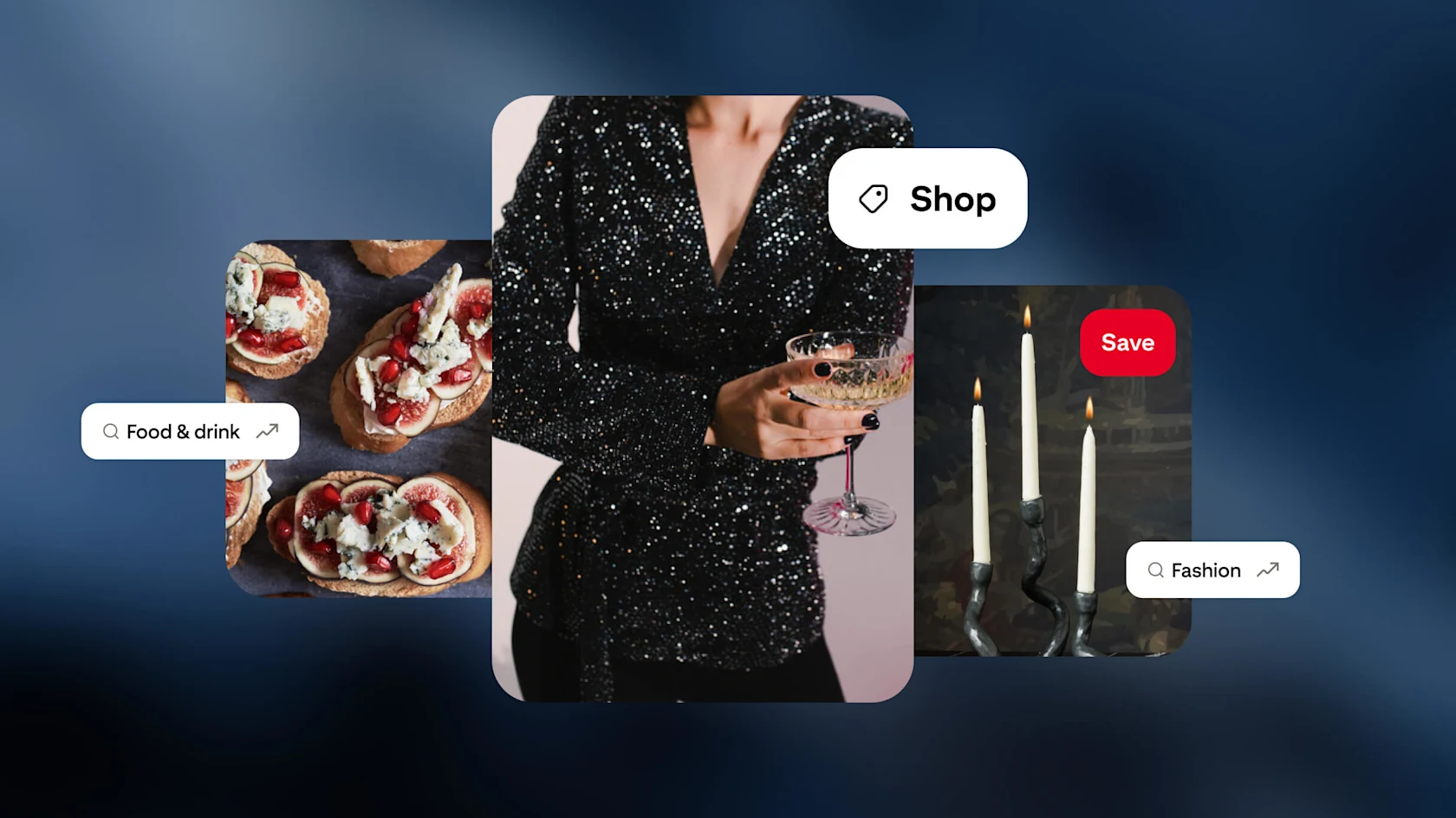 Images of a woman in a black sparkly outfit, three candles and starters, along with Shop and Save buttons and example search categories.