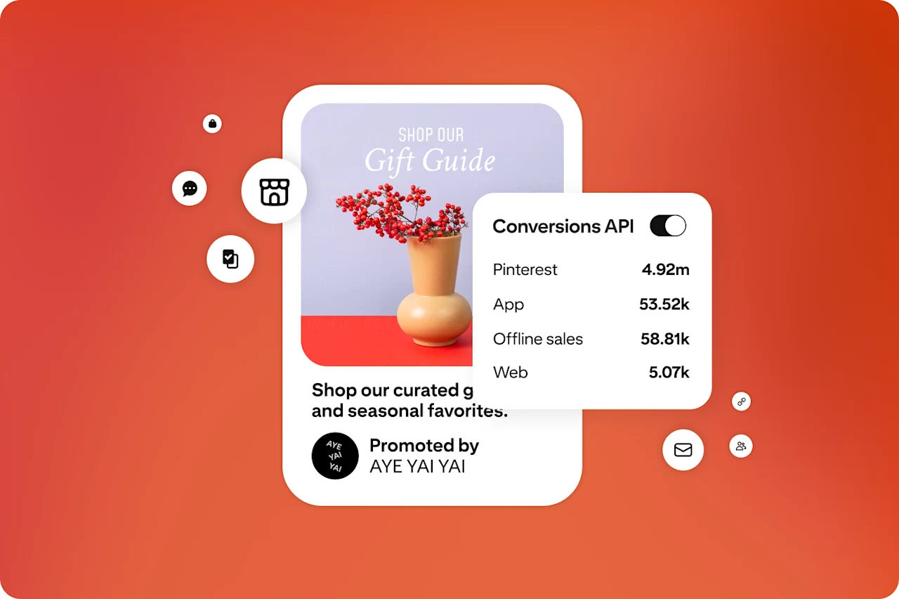 A Pinterest ad shows an image of red berries in a vase. To the right of the image is a fictitious dashboard for the Conversions API and metrics for app, offline sales, web, and Pinterest.