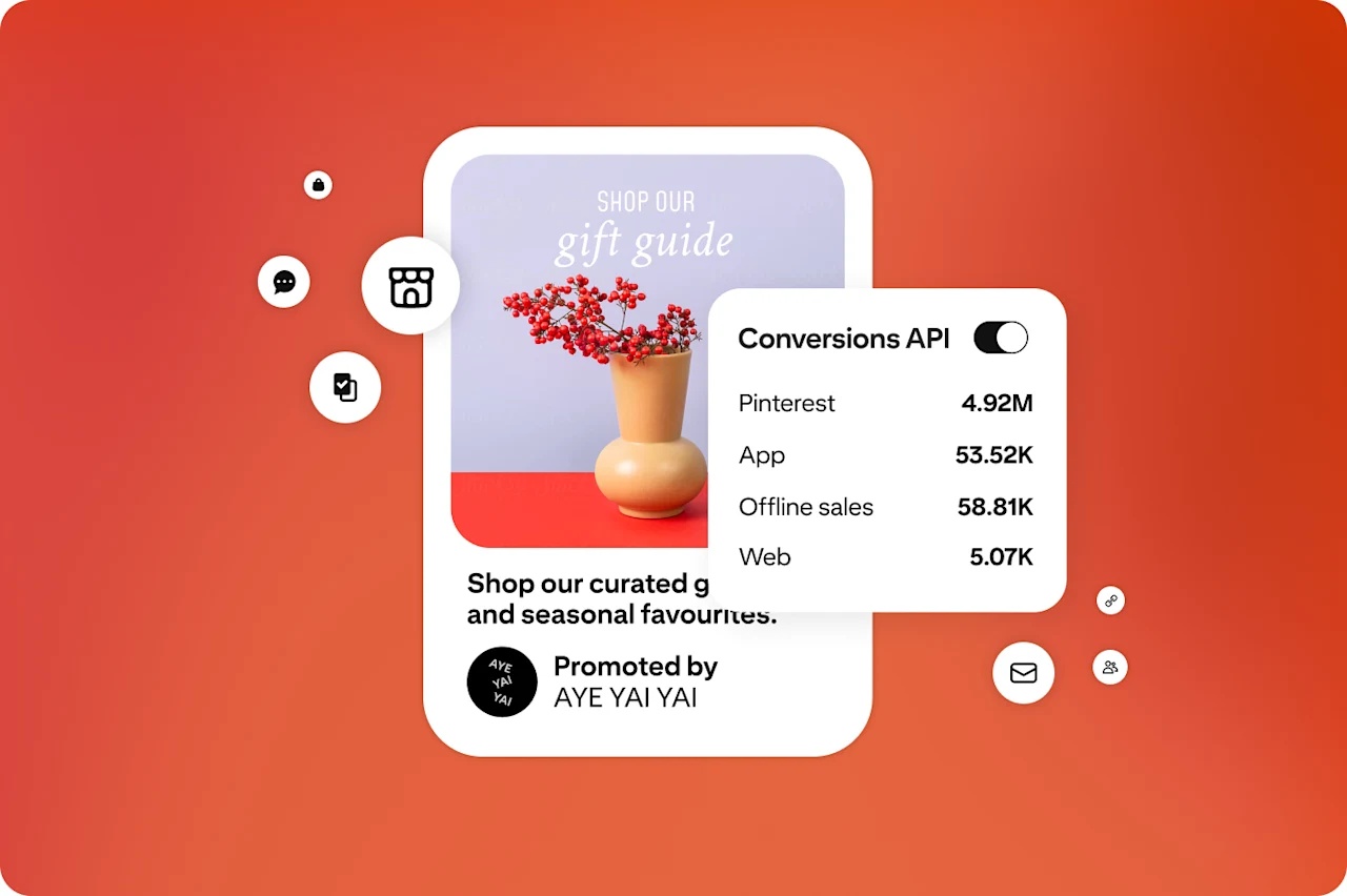 A Pinterest ad shows an image of red berries in a vase. To the right of the image is a fictitious dashboard for the Conversions API and metrics for app, offline sales, web and Pinterest.