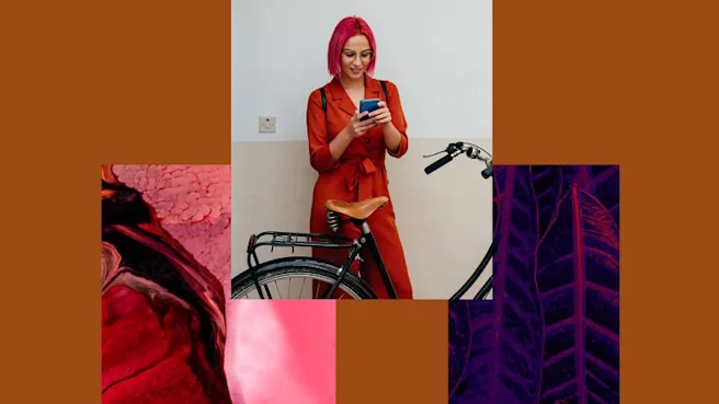 A trio of images with a red motif featuring a White woman with red hair holding a cellphone in front of a bicycle
