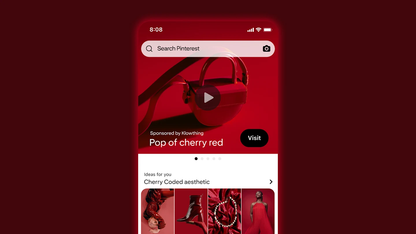 Mock Premiere Spotlight ad in Pinterest search feed, cherry red.