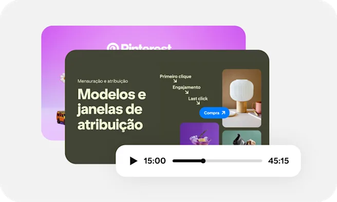 Uma miniatura do webinar "Modelos e janelas de atribuição" com a barra de progresso mostrando 15 minutos reproduzidos.