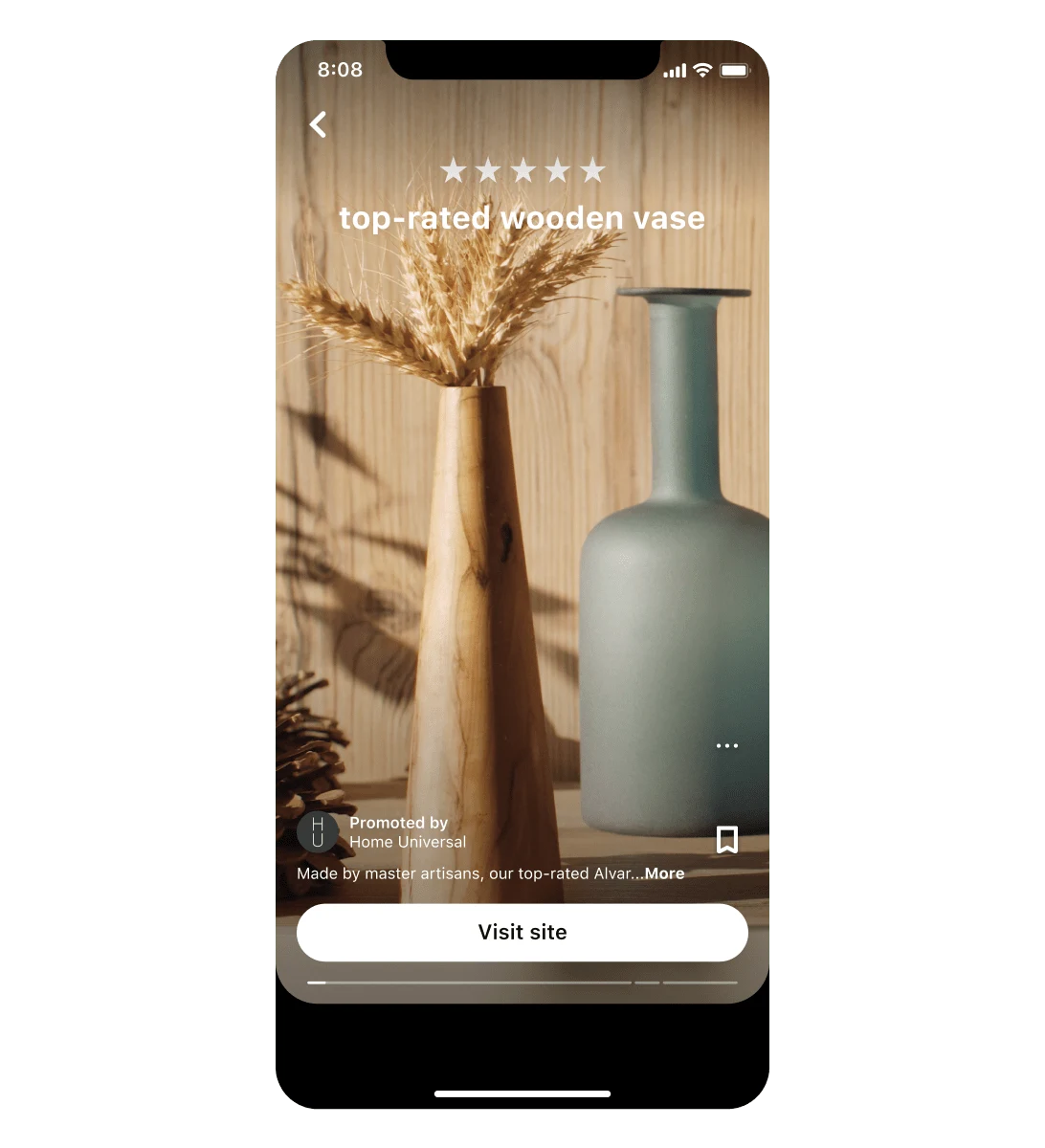 Reklama z pomysłem firmy Home Universal prezentująca ich najwyżej oceniany drewniany wazon, pokazywana na ekranie urządzenia mobilnego.Na górze widoczna jest pięciogwiazdkowa ocena.