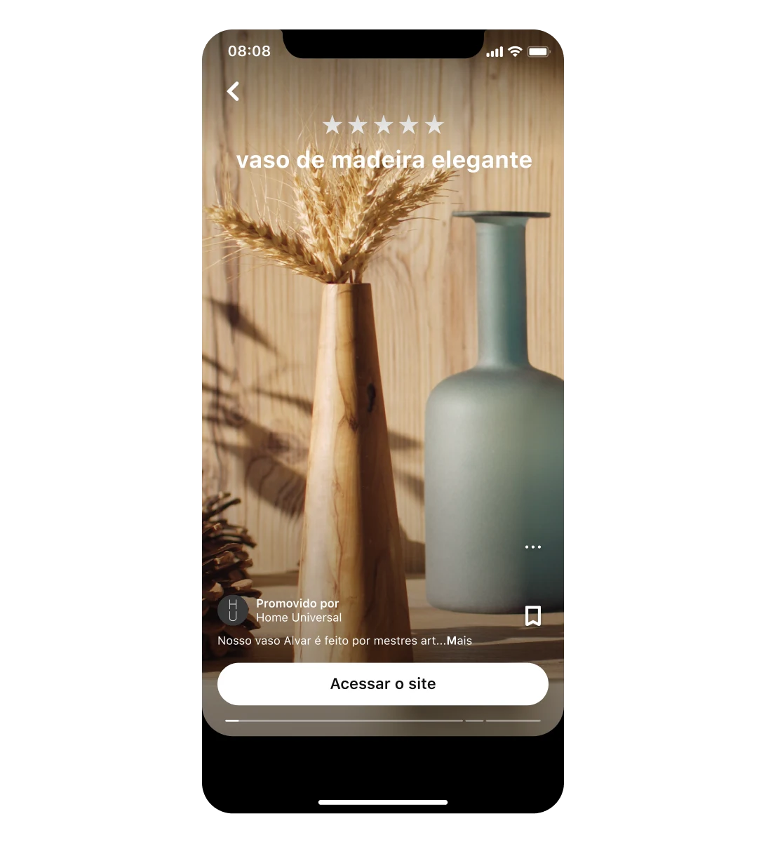 Idea Ad da Home Universal para vaso de madeira elegante mostrado na tela de um dispositivo móvel. Uma classificação de cinco estrelas é exibida na parte superior.