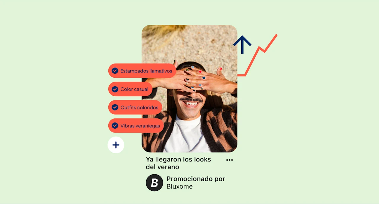 Pin que muestra a una persona blanca con las uñas pintadas con colores brillantes, que se cubre los ojos del sol. Hay varias etiquetas de productos alineadas a la izquierda.