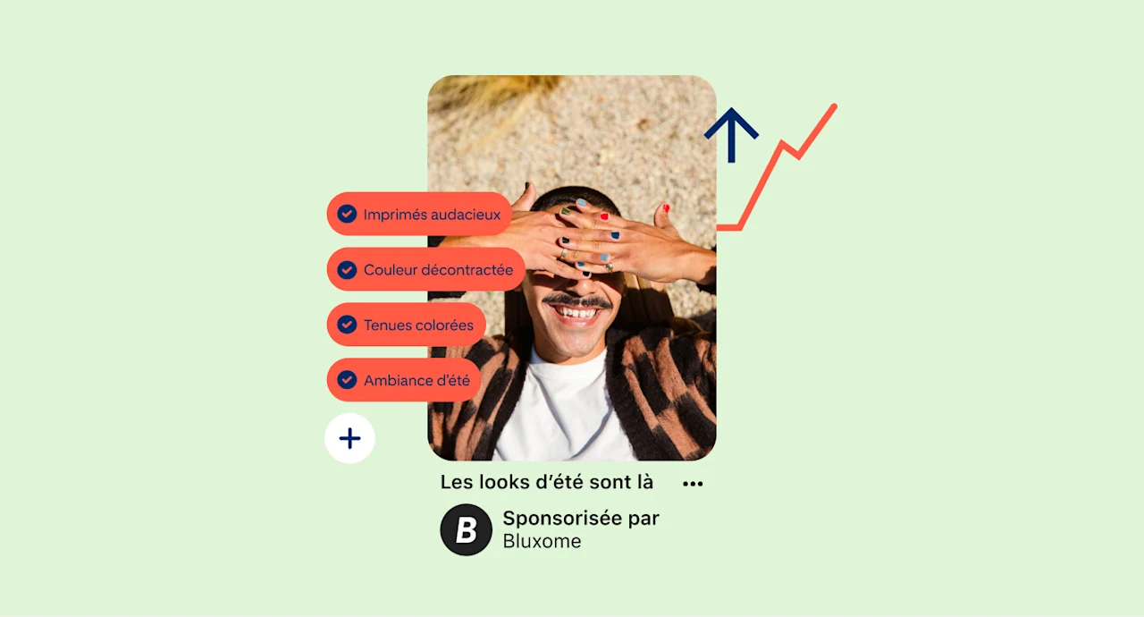 Épingle montrant une personne blanche qui sourit et se sert de ses mains pour se protéger les yeux du soleil, plusieurs étiquetage des produits sont alignés sur la gauche.