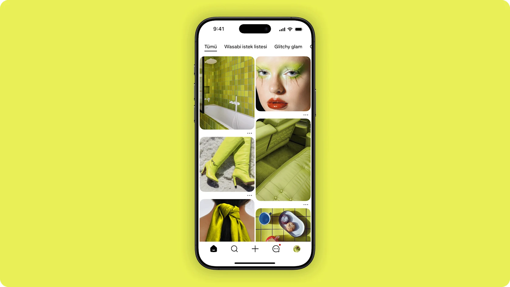 Ekranında çeşitli görüntüler sergileyen bir akıllı telefon yanardöner, geometrik yastık benzeri panellerden oluşan bir arka planın ortasına yerleştirilmiş. Ekranda ampul, bisiklet, cüzdan, bir çift ayakkabı ile palto giyen bir kadın gösteriliyor.