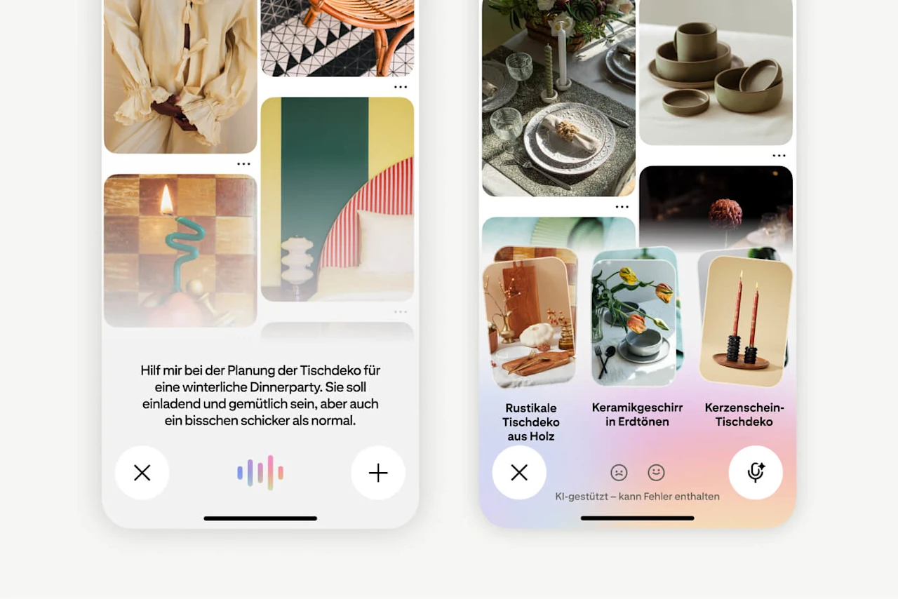 Eingabe im Pinterest Assistant, in der jemand um Hilfe bei der Planung der Tischdekoration für eine winterliche Dinnerparty bittet. Daneben wird ein Bildschirm mit passenden Ergebnissen für Tischdeko und Geschirr angezeigt.