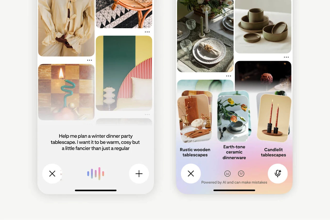 A screen shows a Pinterest Assistant prompt asking for help with planning a dinner tablescape. Next to it, a screen shows related results for tablescapes and dinnerware.