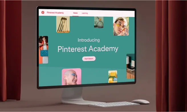 Pinterest Academy UI on a desktop monitor