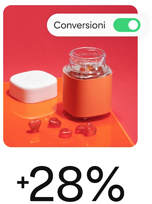 Pin che raffigura delle vitamine, con elementi che indicano che si tratta di una campagna per le conversioni.