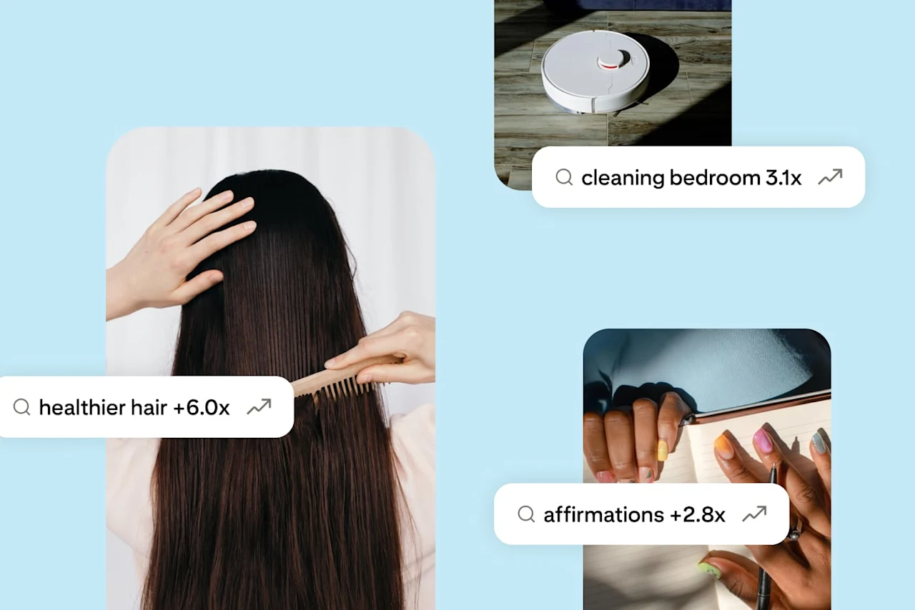 Images and text showing searches are increasing for healthier hair, affirmations, and cleaning bedroom.