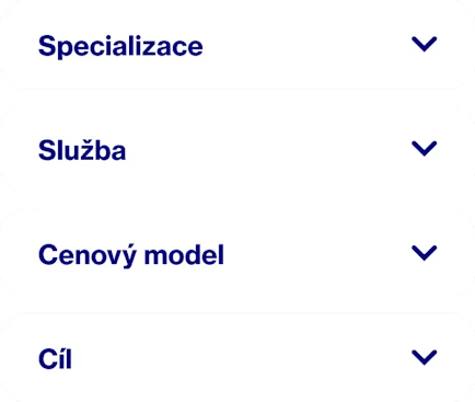 Slova popisující způsob výběru Pinterest Partnerů pro spolupráci: Specialty (osobitost), Service (služby), Pricing model (cenový model) a Goal (cíl)