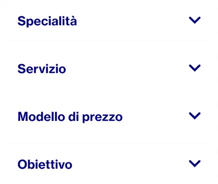 Elenco di parole che mostra in base a cosa selezionare un Pinterest Partner: campo di specializzazione, servizio, modello di prezzo e obiettivo