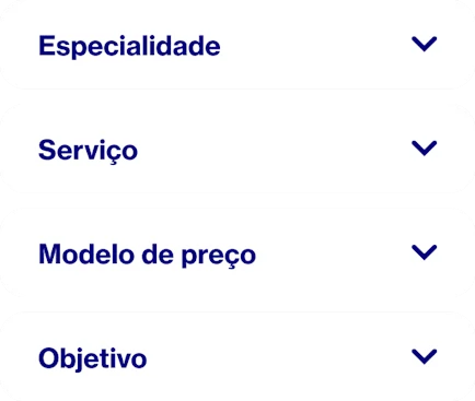 Palavras mostrando como você seleciona os Pinterest Partners com quem poderá trabalhar: especialidade, serviço, modelo de preços e objetivo