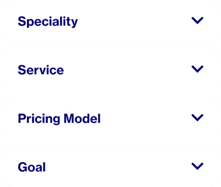 Words that show how you select Pinterest Partners to work with: specialty, service, pricing model and goal