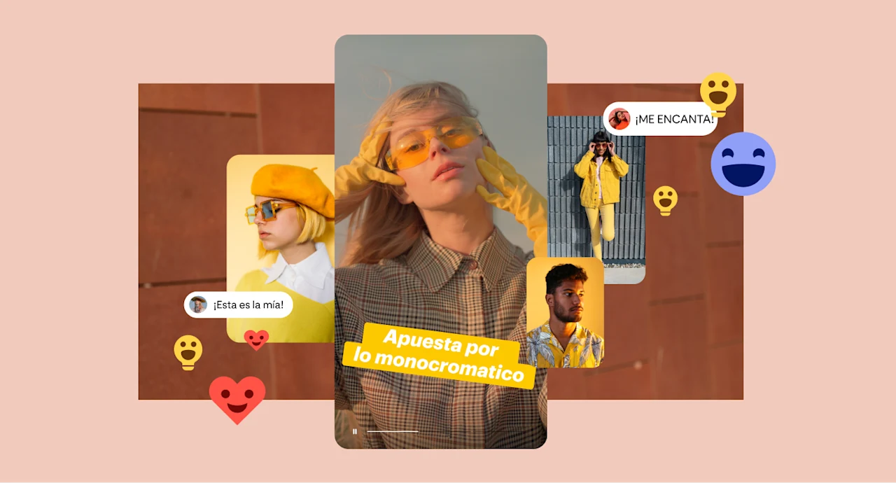 Cuatro personas con ropa en varios tonos de amarillo con el texto superpuesto, aquí está el mío, me encanta y apuesta por lo monocromático