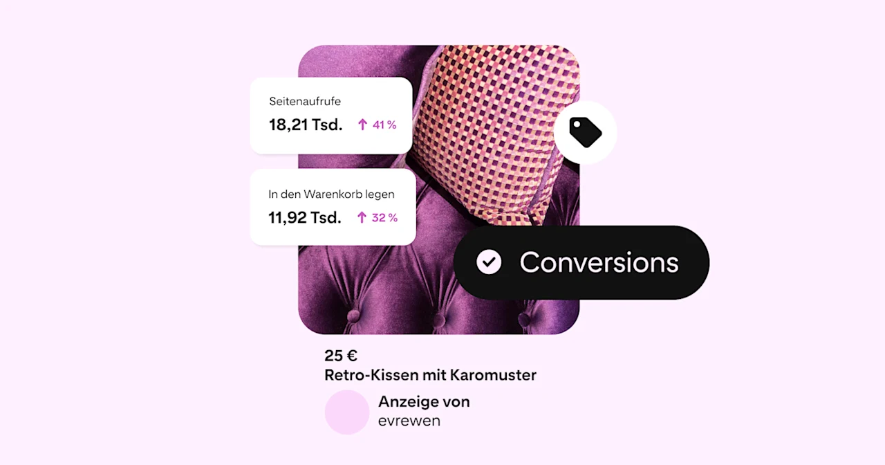 A Pin for retro-chequered cushions. The Pin is on a pink background. There is a 'Shop now' button and a tag that indicates the campaign is optimised for conversions. Page visits and adds-to-cart are also represented.