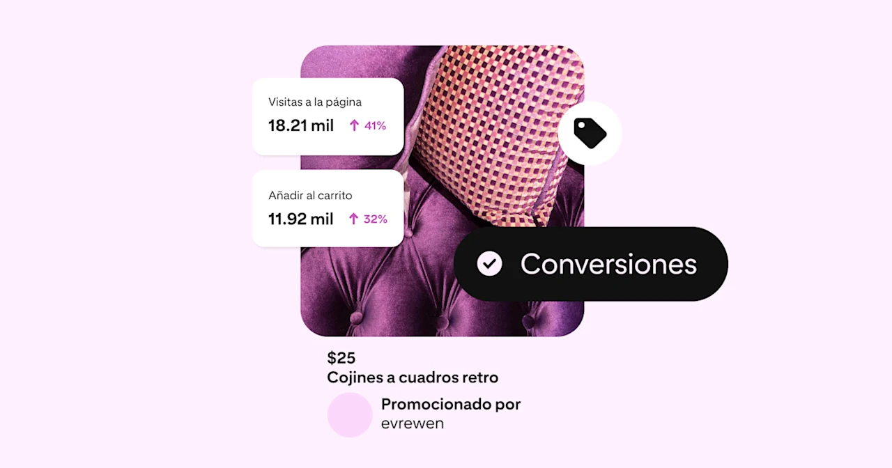 Un Pin de cojines a cuadros retro. El Pin está sobre un fondo rosa. Hay un botón “Comprar ahora” y una etiqueta que indica que la campaña está optimizada para conversiones. También se muestran las visitas a la página y las veces que se añadió al carrito.