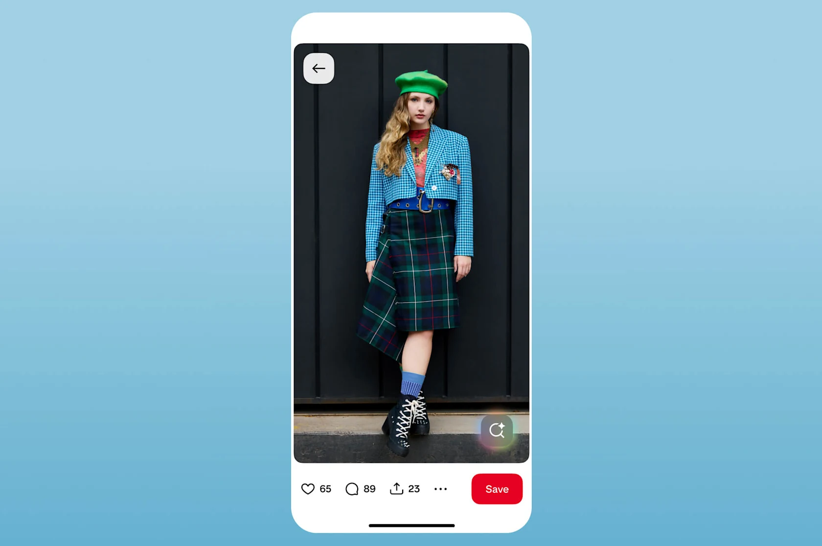 A Pin shows a woman wearing an eclectic outfit with a tartan skirt.