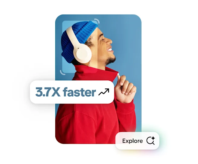 A Pin showing a man wearing a blue hat and white headphones. The words “3.7X faster” and “explore” also appear overlaid.