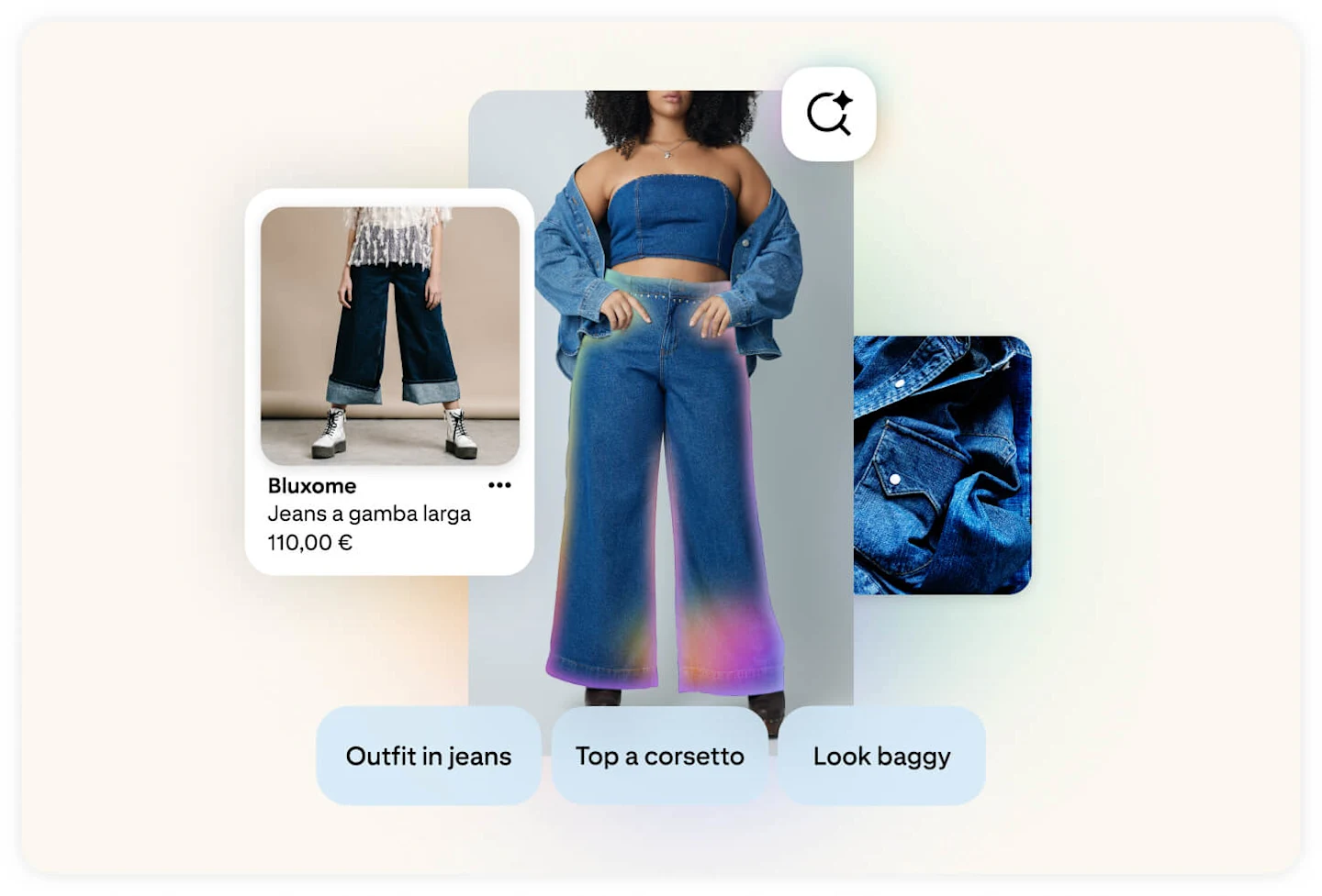 Immagini di articoli in denim tratte da Pinterest accompagnate da tag di ricerca come "Outfit in jeans", "Top a corsetto" e "Look baggy".