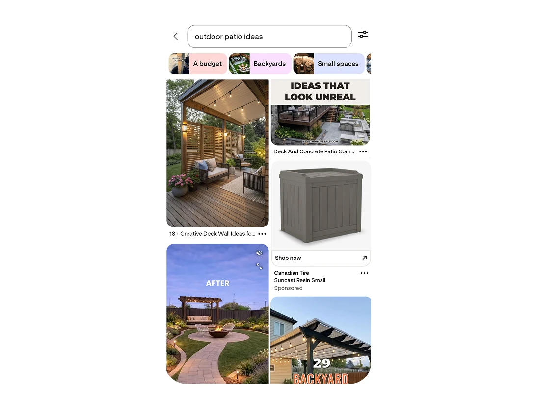 Image showing various backyard and patio inspiration Pins and a sponsored product ad.