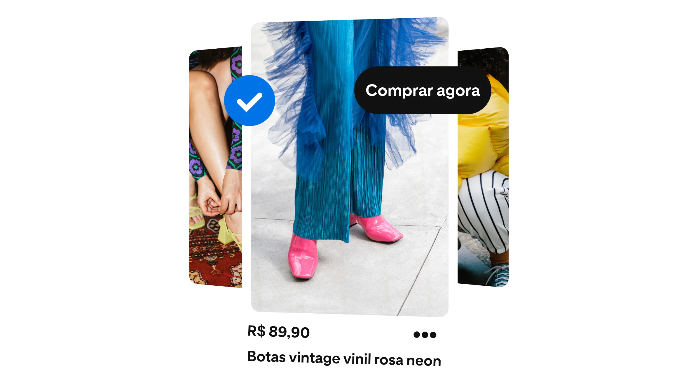 Anúncio mostra calças azuis e sapatos rosa, incentivando as pessoas a comprar.